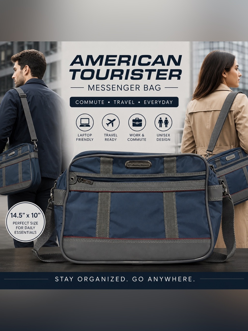 American Tourister Messenger Laptop Bag Navy Blue Gray Crossbody Travel Bag